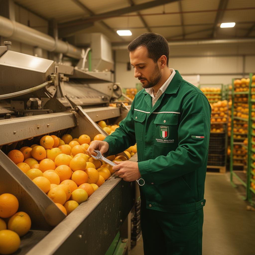 Tecnico A.M. Service al lavoro su un macchinario per agrumi